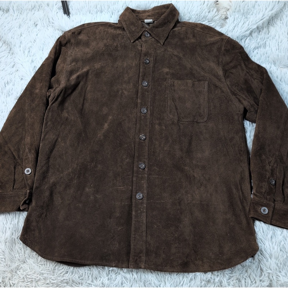 Leather Shirt Mens L Brown Button Up Shacket Pocket Preppy Chore Lined